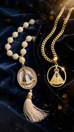 Kit Devoção Sagrada - Escapulário + Corrente de Aço Inoxidável Nossa Senhora Aparecida
